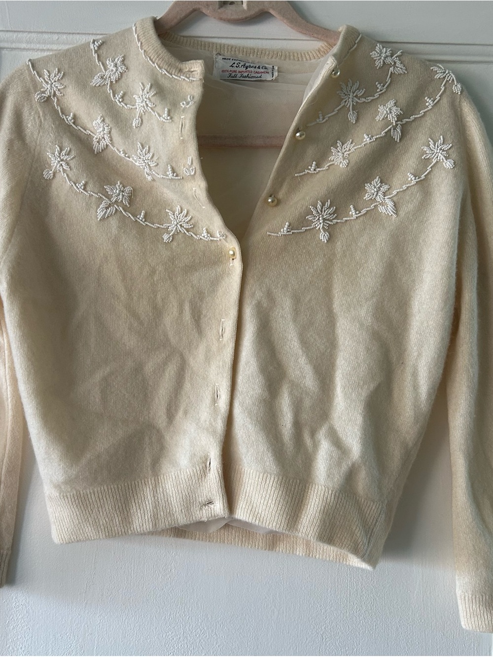 Vintage Cream Cashmere Beaded Cardigan